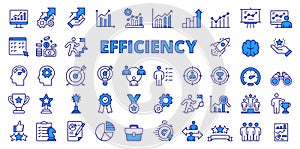 Efficiency icons in line design, blue. Efficiency, productivity, optimization, performance, effectiveness, business