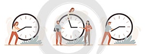 Efficiency work time. Working hours rate, business people work on clocks and time management deadline clock vector