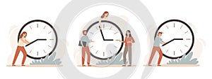 Efficiency work time. Working hours rate, business people work on clocks and time management deadline clock vector illustration