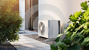 Efficient air source heat pump installed outside of new modern house: modern solution for home heating and hot water