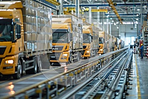 Efficient Assembly Line of Yellow Heavy Duty Trucks in a State-of-the-Art Manufacturing Facility