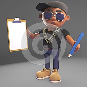 Efficient black hiphop rap artist has a clipboard and pencil, 3d illustration