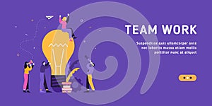 Efficient business team work concept flat vector illustration landing template. Big lamp at center with cartoon people.