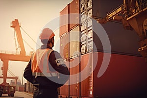 Efficient cargo handling, Foreman oversees loading of containers from freight ship photo