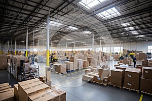 Efficient conveyor belt transporting cardboard box packages in busy warehouse fulfillment center