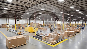 Efficient conveyor system moving cardboard boxes in busy warehouse fulfillment center