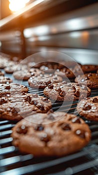 Efficient cookie manufacturing Chocolate cookies processed on industrial production line