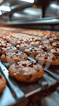 Efficient cookie manufacturing Chocolate cookies processed on industrial production line