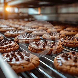 Efficient cookie manufacturing Chocolate cookies processed on industrial production line