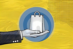 Efficient delivery or pickup scenario illustrated with hand and paper bag on pin