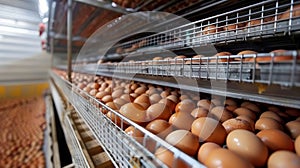Efficient egg harvesting system in spacious commercial hen house with free roaming hens