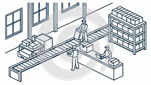 Efficient Factory Automation, Production Line with Workers and Robotics, vector design Generative AI
