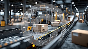 Efficient, fast, and automated sorting and delivery process. Cardboard box moves on conveyor belt system within logistics and