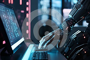 Efficient Hand of robot touch. Coding monitor science