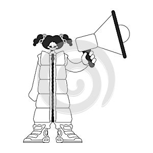 Efficient HR specialist woman holding a megaphone in her hands. HR topic. Newspaper black and white style.