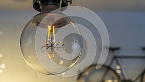 Efficient incandescent light bulb waste electricity against a tiled wall with a small bike and a plant pot