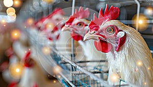 Efficient industrial poultry farming hens in cages with automated feeding and watering systems