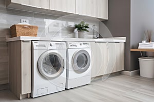 Beautiful laundry room design with modern washer and dryer set