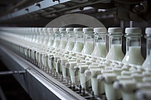 Efficient Milk bottle conveyor. Generate Ai