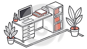 Efficient Office Workspace with Desktop Computer and Storage Vector, vector design Generative AI