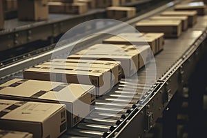 Efficient Package Handling: Conveyor Belt in a Busy Warehouse Distributing Parcels for Shipment, ai generative