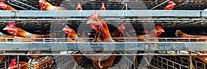 Efficient poultry farming hens in cages with automated feeding, showcasing scale and efficiency