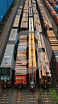 Efficient rail Top view of different railway wagons for logistics