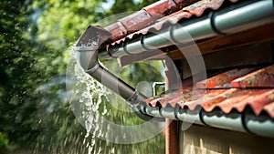 Efficient Rain Gutter Channeling Water Away. Concept Rain gutter maintenance, Downspout cleaning, photo