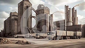 Efficient Recycling Plant with Heavy-Duty Trucks Unloading Waste Outdoors, Generative AI