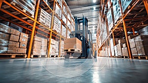 Efficient unloading process with forklift and stacked pallets in a modern warehouse environment