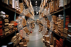 Efficient warehouse: high racks, supervisory monitoring narrow aisles for streamlined storage