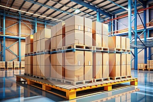 Efficient Warehouse Storage Cardboard Boxes Stacked on Pallet with Industrial Racking System for Optimized Supply Chain