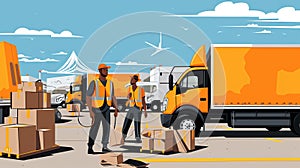 Efficient workers unloading numerous boxes from van outdoors for top notch moving service. photo