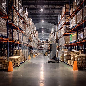 Efficiently Organized Warehouse Interior Showcasing Orderliness. Generative AI