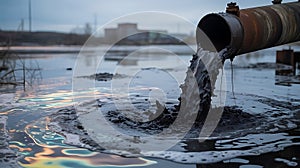 Effluent pipe discharging wastewater into a river causing water pollution problem