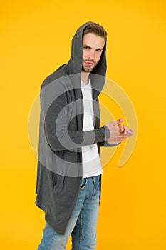 Effortless casual style. Stylish guy wear hoodie with style. Handsome man yellow background. Fashion and style. Casual