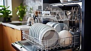 Effortless Cleanliness Neatly Arranged Dishes in an Open Dishwasher