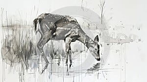 The effortless grace of a grazing deer captured in a nature sketch as it blends into the quiet landscape photo