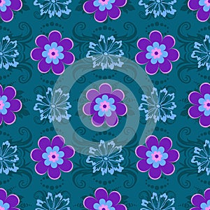 Effortless green floral pattern with violet and blue flowers