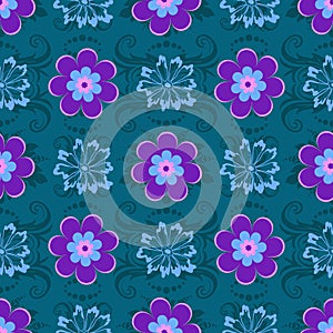 Effortless green floral pattern with violet and blue flowers photo