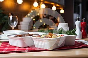 Effortless holiday dining Hot orders in disposable plastic boxes, amid Christmas decor