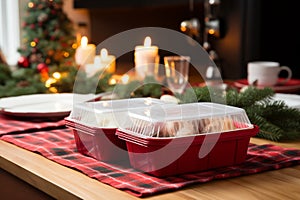 Effortless holiday dining Hot orders in disposable plastic boxes, amid Christmas decor