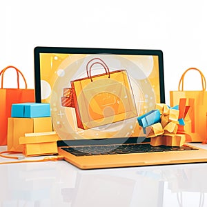 Effortless online shopping paper bag on laptop, seamless experience