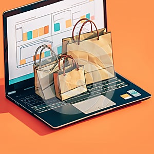 Effortless online shopping paper bag on laptop, seamless experience