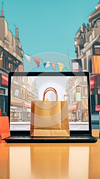 Effortless online shopping paper bag on laptop, seamless experience photo