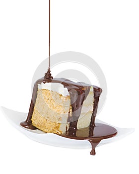 Effuse chocolate on the piece of cake