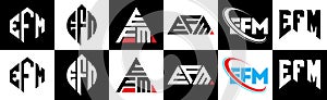 EFM letter logo design in six style. EFM polygon, circle, triangle, hexagon, flat and simple style with black and white color