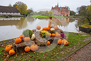 Egeskov, Denmark, Halloween: Orange pumpkins on Halloween celebration in the Park overlooking the pond and the Egeskov castle