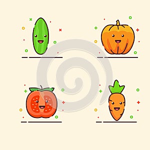 Egetable icons set collection cucumber pumpkin tomato carrot cute mascot face emotion happy with color flat cartoon