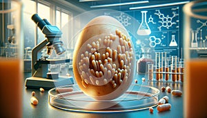 An egg amid lab instruments, visually representing microbial research and food safety